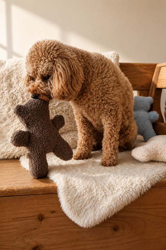 Hond knuffelt met een bruine teddybeer van Judith & Florent