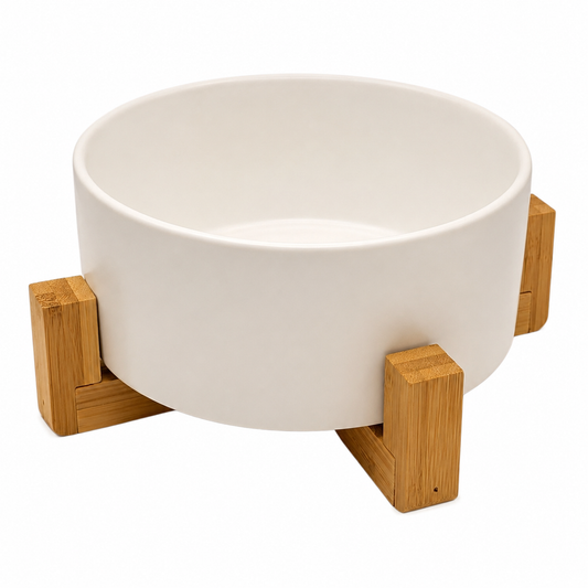 Witte Nordog hondenkom met houten standaard