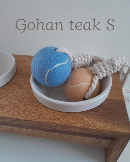 Gohan hondenkommen met een teakhouten onderstel en keramische bakjes