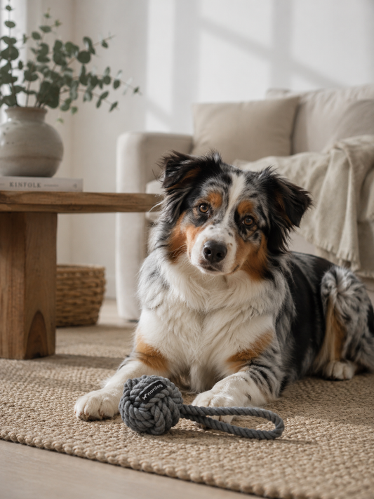 Hond speelt met de Nordog knoopbal in kleur Graphite