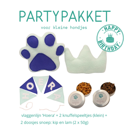 Judith & Florent pakket voor een hondenfeestje met speelgoed en snacks
