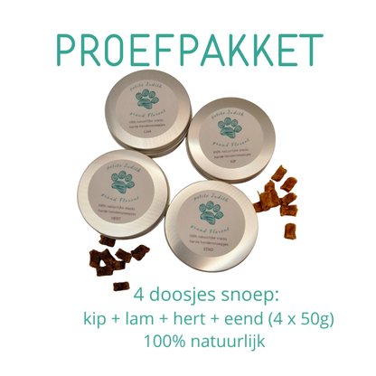 Judith & Florent kennismakingspakket met vier smaken hondensnoepjes