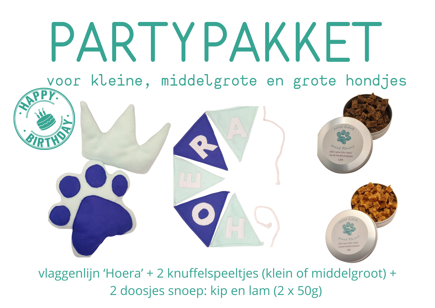 Verjaardagspakket voor honden met speelgoed en lekkernijen